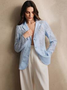 Anewsta 女士春夏新款蕾丝长袖夹克，优雅蓝色西装外套 - 藍色 - 查看 7