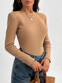 RueChic Mock Neck Ribbed Knit Tee - Beige - View 5