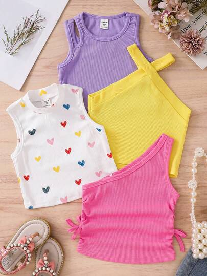 Set de 4 camisetas de tirantes de niña joven con patrón de corazón sólido de punto