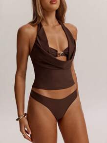 Swim Chiccia 海星链格纹圆领女式吊带比基尼上衣 - 棕色 - 查看 5