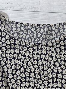SHEIN LUNE 大码女式碎花荷叶边袖休闲衬衫 - 藏蓝色 - 查看 3