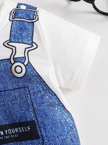 Peto informal de 2 en 1 de manga corta de punto con hombros abiertos y textura de denim para niños pequeños y bebés, prendas infantiles, ropa de bebé, mamelucos, adecuado para fiestas, deportes y salidas diarias, verano