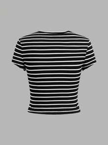 SHEIN EZwear 4件組女款休閒極簡碎花圖案圓領短袖修身短版T恤，適合夏季外出穿著 - 黑與白 - 查看 6