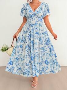 Flirla Vestido de vacaciones de primavera con cuello cuadrado, volantes, cintura ajustada, mangas abullonadas y falda con vuelo y varios niveles, con estampado floral impresionista colorido