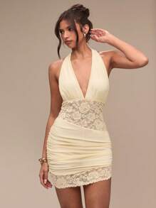 SHEIN BAE Robe d'été femme jaune unicolore en dentelle transparente, sexy et élégante. Robe d'été pour femmes. Robe de graduation. Tenue de vacances pour femmes. Robe jaune. Robe jaune beurre