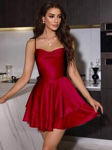 SilkySpell Women's Faux Silk Sexy Open Back Lace Up Red Slip Dress And Belted Robe Pajama Set, Valentine's Day Outfit, Fall Winter Clothes - Burgundy - View 5