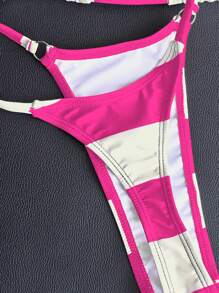 Swim Vcay Red & White Striped Micro Triangle Pink Bikini, Sexy Style For Summer Beach Vacation - Multicolor - View 4