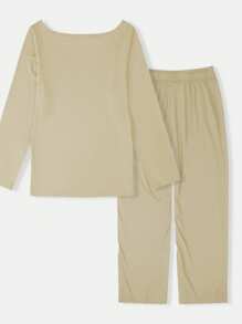 INAWLY Bộ 2 áo dài tay đơn sắc và quần dài thường ngày cho nữ - Màu be - Xem 2