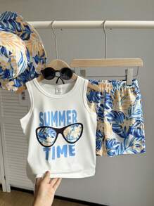 SHEIN Bộ 2 món trẻ em trai thường ngày cây dừa, kính râm in logo áo ba lỗ không tay và quần short in hình cây nhiệt đới toàn thân có mũ, thích hợp mặc hàng ngày, đi nghỉ, thể thao, ngoài trời, mùa hè - Xanh và trắng - Xem 9