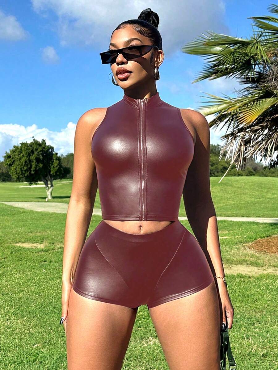 Zolique 2件套女士纯色无袖上衣和短裤