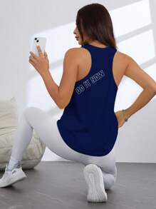 SHEIN Sports 字母印花圆领无袖运动背心，带开衩下摆，夏季 - 藏蓝色 - 查看 4