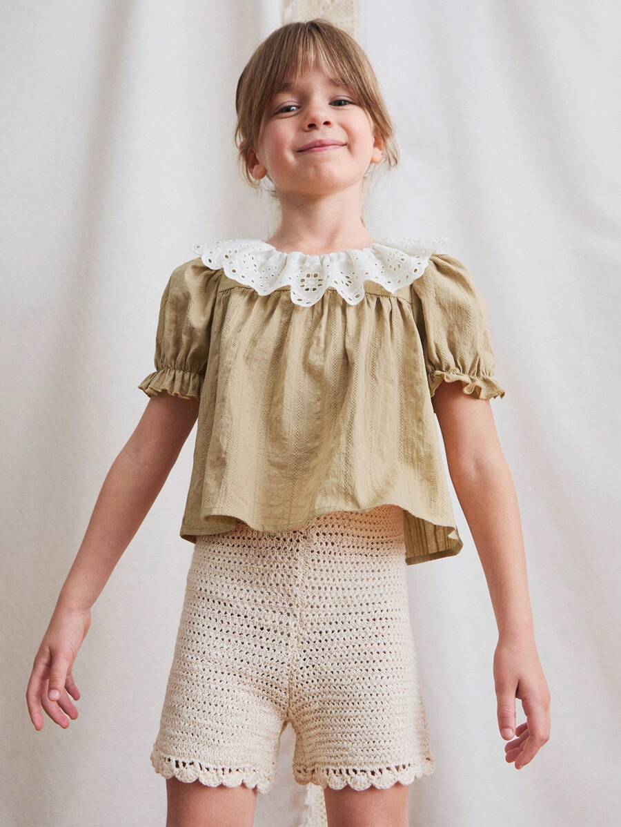 SHEIN 年轻女孩可爱夏季刺绣领纹理面料衬衫 - 彩色 - 查看 1