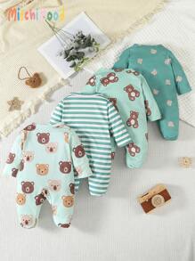 4件套新生儿简约可爱熊印花长袖连脚连体睡衣套装 - 綠色 - 查看 2