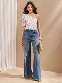 SHEIN Unity Women's Elegant Perforated Print Oblique Shoulder Blouse - White - View 5