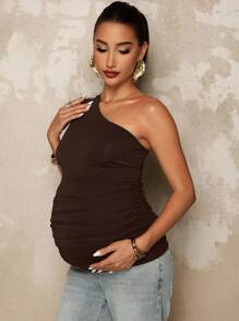 MaterniChic 孕妇度假纯色无袖褶皱时尚上衣 - 咖啡棕 - 查看 3