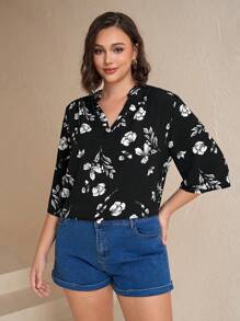 Chikora 大碼印花捲邊袖襯衫 - 黑與白 - 查看 5