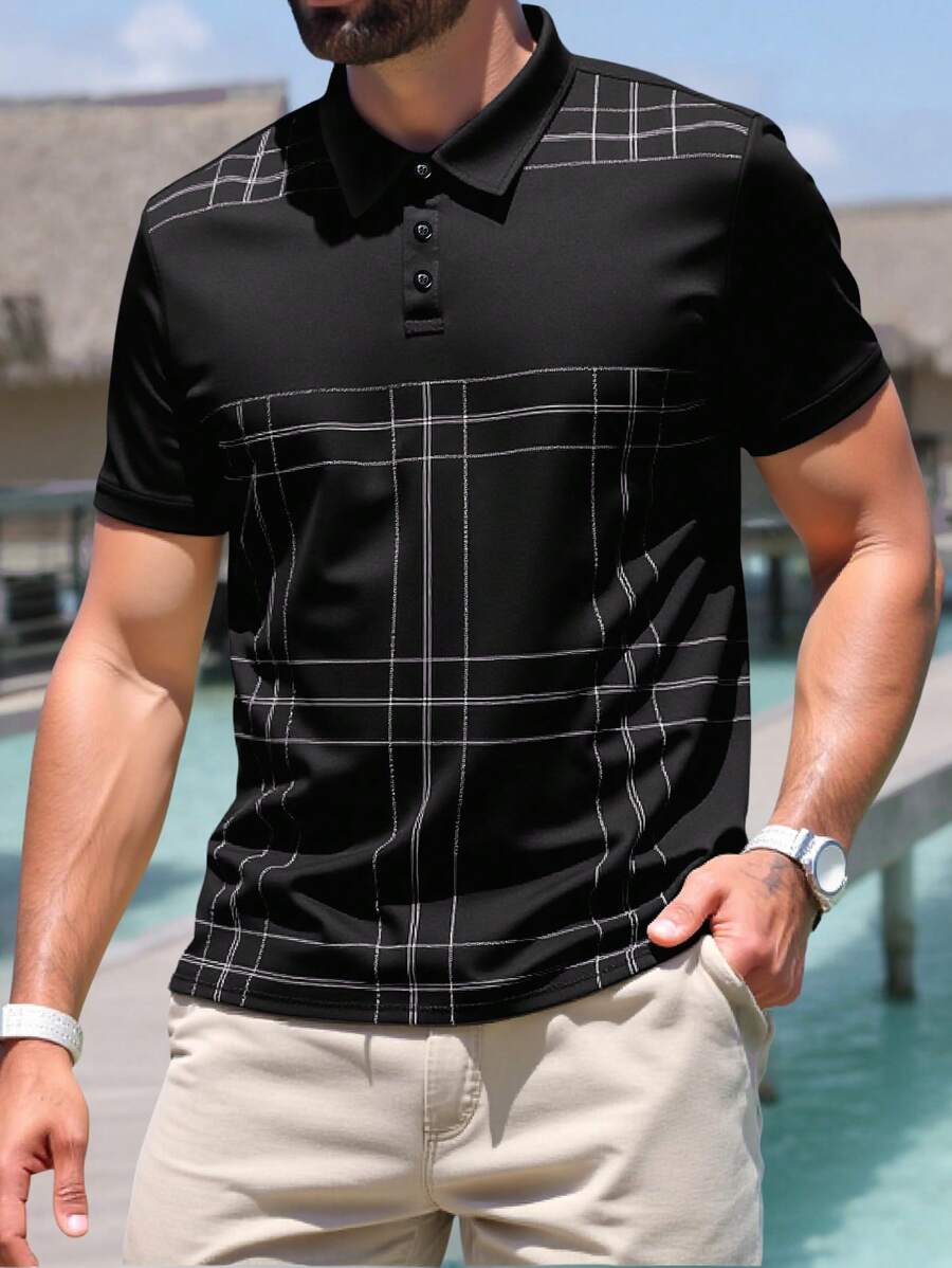 Manfinity Dauomo Men's Fashion Geometric Striped Print Polo Collar Shirt - Multicolor - View 1