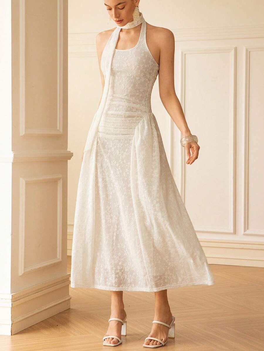 GENKIRA Váy hở vai cổ chữ U bằng vải lưới Jacquard màu trắng lãng mạn thanh lịch với thiết kế nhún eo, dáng ôm, váy xòe nhiều tầng, dây buộc cổ yếm, không tay - Màu be - Xem 1