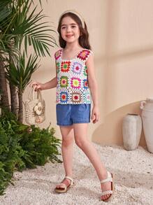 Young Girl Casual Floral Knit Cover Up Top, Suitable For Spring/Summer Vacation, Colorful Floral Pattern Knitted Shirts,Swimsuit For Summer Beach Vacation,Mom And Daughter & Sisters Matching Style Matching ,Matching Family Vacation , Holidays - Apricot - View 3