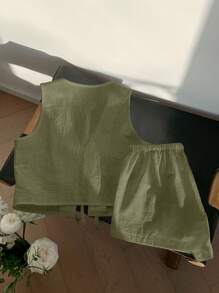 Comfortcana 2 件套夏季橄榄绿系带短款无袖上衣和短裤休闲女装 - 軍綠色 - 查看 2