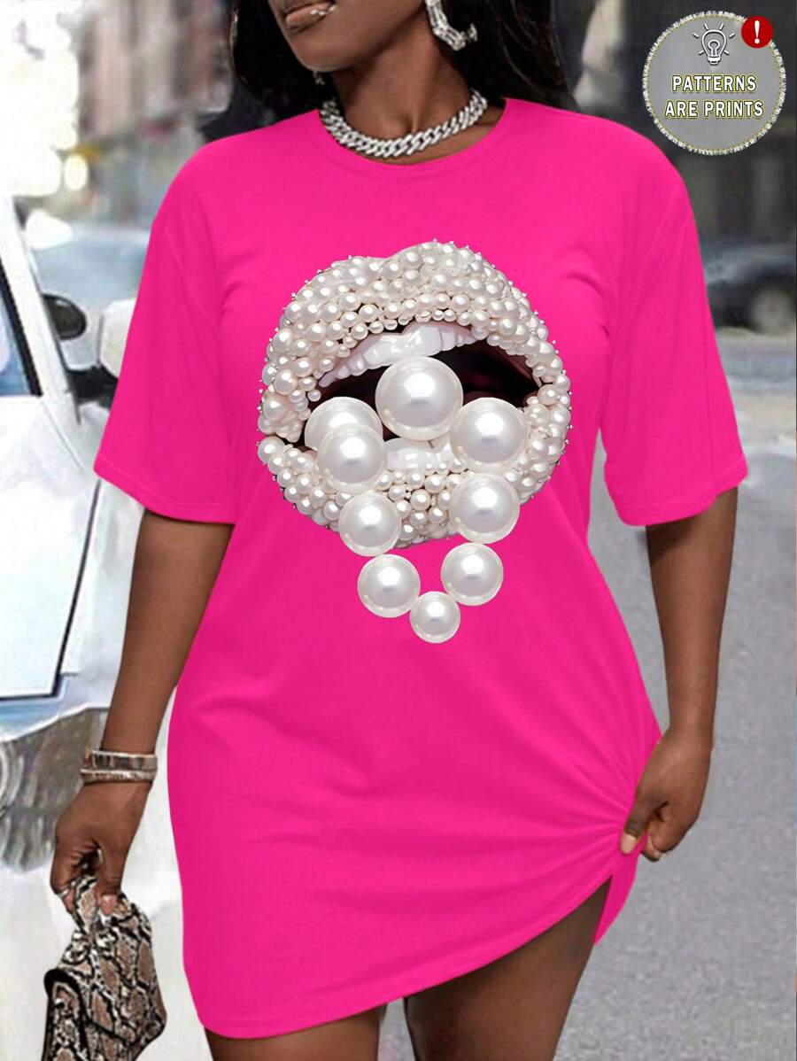 Maweii Plus Size Summer Casual Studded Lip Print Dress - Hot Pink - View 1