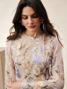 Anewsta 3D Floral Embroidery Women Short Sleeve Mini Dress - Purple - View 5