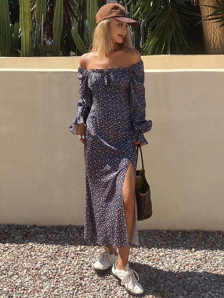 Women's Floral Print Off Shoulder Elegant Long Sleeve Mid-Length Dress Maxi Dress Boho