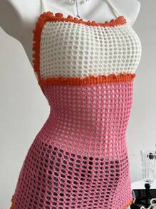 SHEIN Unity Women's Vacation Color Block Crochet Open Back Halter Neck Dress - Multicolor - View 7