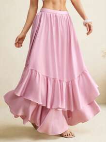Mathilde Lhomme Pastel Pink Satin High-Waist Layered Ruffle Maxi Skirt Women Elegant Summer Skirt - Pink - View 4