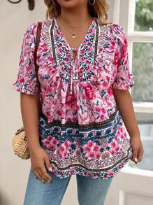 EMERY ROSE Plus Size Bohemian Style Casual Positioning Printed Shirt, Vacation - Pink - View 4