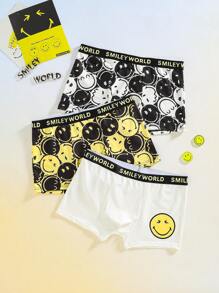 SmileyWorld® | SHEIN 3pcs Men Black & Yellow Smiling Face Print Basic Boxer Briefs,Summer Casual Short