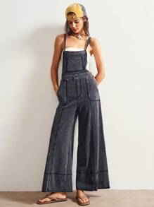 Bohemela Boho 4th Of July Casual Solid Color Woven Wide Leg Loose Bib Color Block Distressed Women Jumpsuit