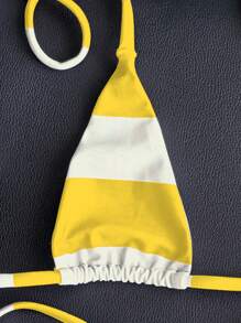 Swim Vcay Yellow & White Striped Micro Triangle Top & G-String Sexy Bikini Set For Summer Beach Vacation - Multicolor - View 3