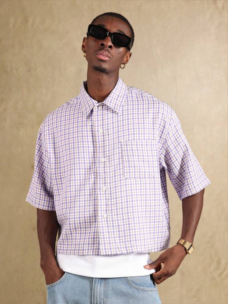 SUMWON Áo sơ mi kẻ caro gingham tay ngắn thời trang thường ngày Hotline in hình cài nút dáng hộp thời trang dạo phố xuân hè - Màu tím  Violet - Xem 6