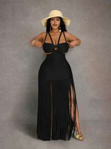 Slaydiva 大码女式镂空流苏下摆度假连衣裙 - 黑色 - 查看 8