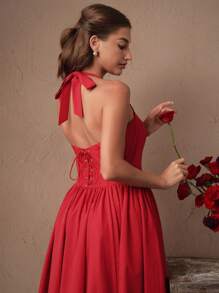 Savoree Women's Red Halter Neck Flared Mini Dress, Slim Fit European And American Style