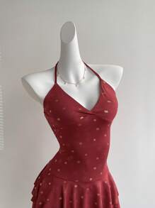Sweetra Robe courte asymétrique pour femmes, bordeaux, printemps/été - Rouge foncé - Voir 4