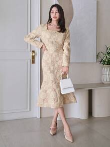 DAZY 1 chiếc đầm nữ màu trơn, họa tiết hoa, cổ vuông, dài ngang gối, thích hợp cho hẹn hò, đầm thu, đầm tay dài, đầm maxi. - Màu be - Xem 9