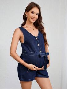 SHEIN Peto vaquero sin mangas con cuello en V y botones para embarazadas, verano
