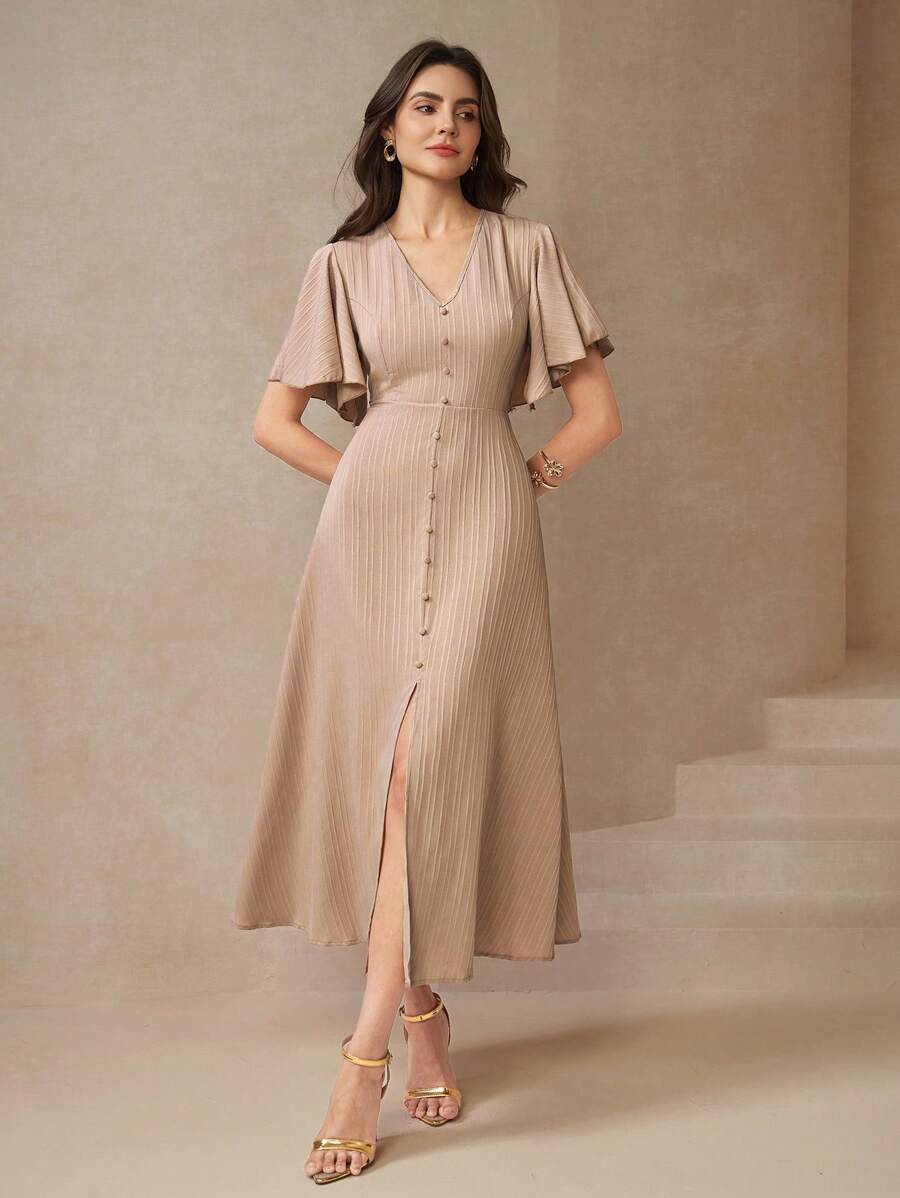 Amorya 女士优雅蝴蝶袖纽扣前开衩大腿长连衣裙，夏季 - 駝色 - 查看 1