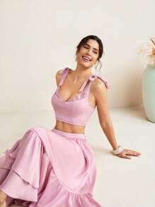 Mathilde Lhomme Pastel Pink Satin High-Waist Layered Ruffle Maxi Skirt Women Elegant Summer Skirt - Pink - View 7