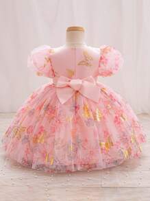 女婴夏季优雅蝴蝶图案欧根纱短袖派对连衣裙 - 粉色 - 查看 2