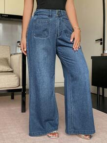 Dazy Plus Pantalones vaqueros de pierna ancha con bolsillos falsos, de un solo color, lavados, de ajuste holgado, para todas las estaciones