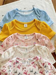 SHEIN LMoss Kids 5件套新生女宝宝夏季可爱针织碎花波点卡通印花短袖连体衣套装 - 彩色 - 查看 6