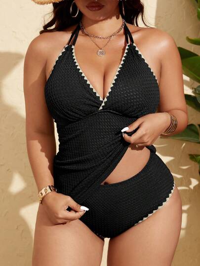 Swim Lushoire Plus Size Women's Black V-Neck Adjustable Strap V-Neck Tankini Swimsuit, Fashionable Beach Resort Swimming Attire For Summer