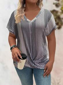 EMERY ROSE 大码女式V领彩虹下摆交叉扭纹设计休闲短袖T恤 - 彩色 - 查看 3