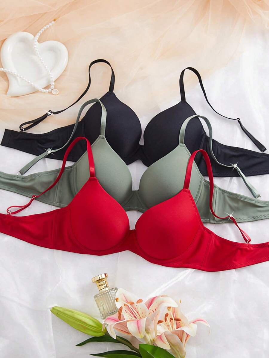 DesireSculpt 3件套女士简约舒适文胸，纯色日常钢圈文胸 - 彩色 - 查看 1