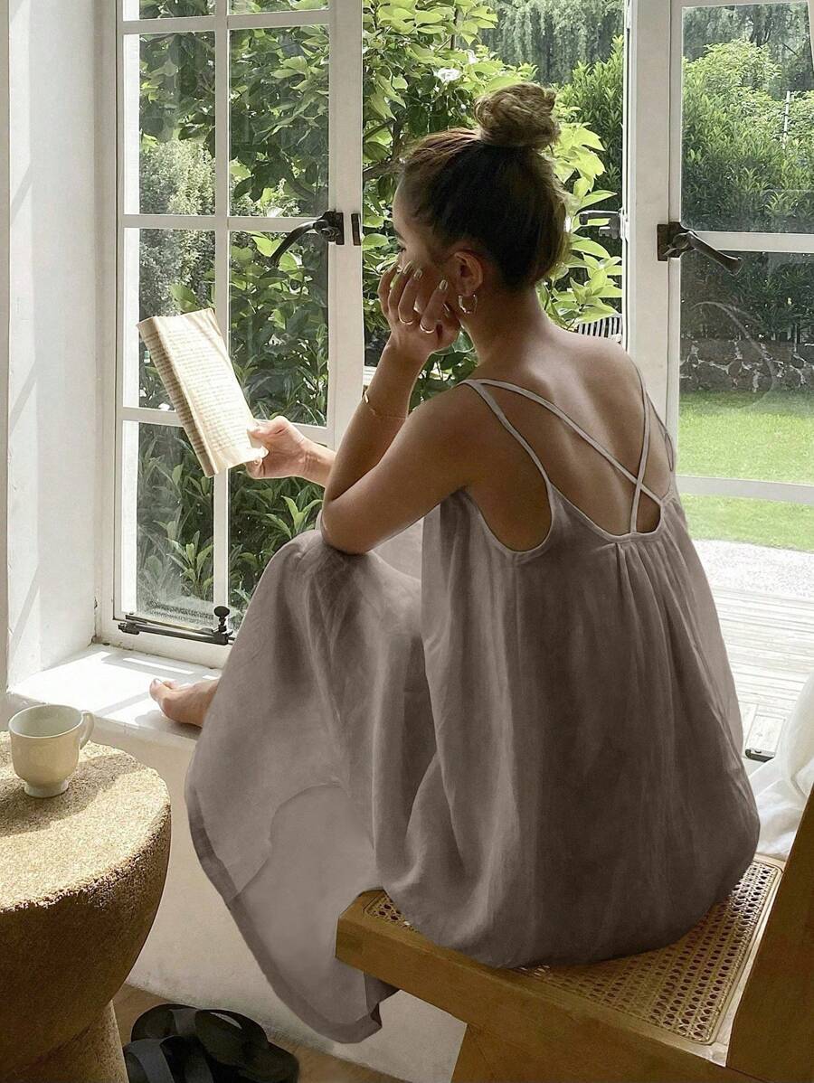 DAZY 女士长款连衣裙，时尚百搭，适合夏季穿着，休闲女士连衣裙，度假邮轮服装 - 咖啡 - 查看 1