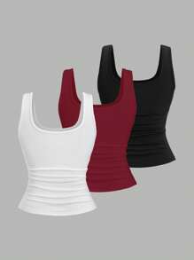 Sweetra Áo ba lỗ xếp ly cổ vuông ngắn mùa hè cỡ lớn cho nữ - Nhiều màu - Xem 2