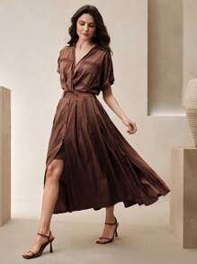 Anewsta Váy sơ mi phong cách nghỉ dưỡng chắp vá ren giản dị lãng mạn, màu cà phê, xuân/hè - Cà phê - Xem 5